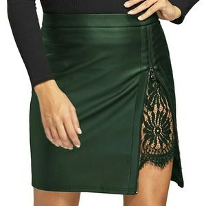 Green Faux Leather Lace Inset Side Zip Mini Skirt